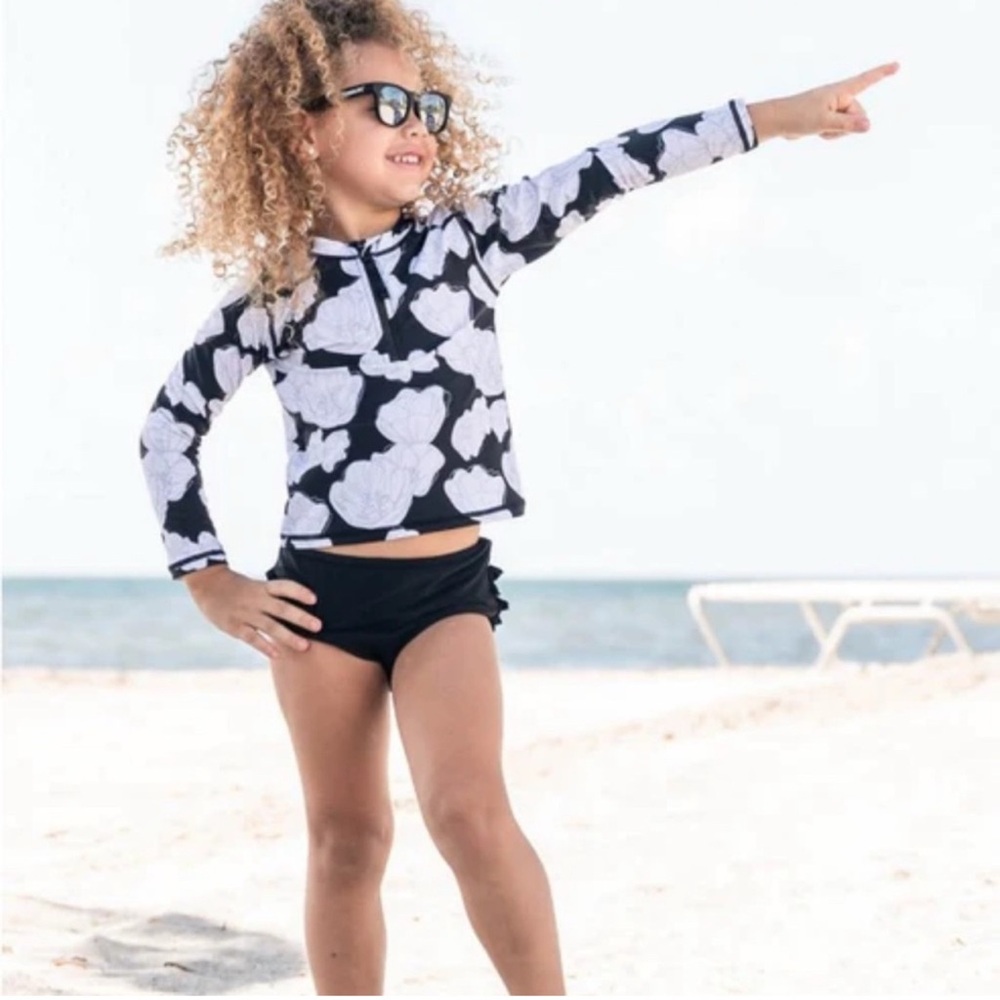 Ruffle Butts Black and White Floral Kids Rashguard Swim Set Girls 10
